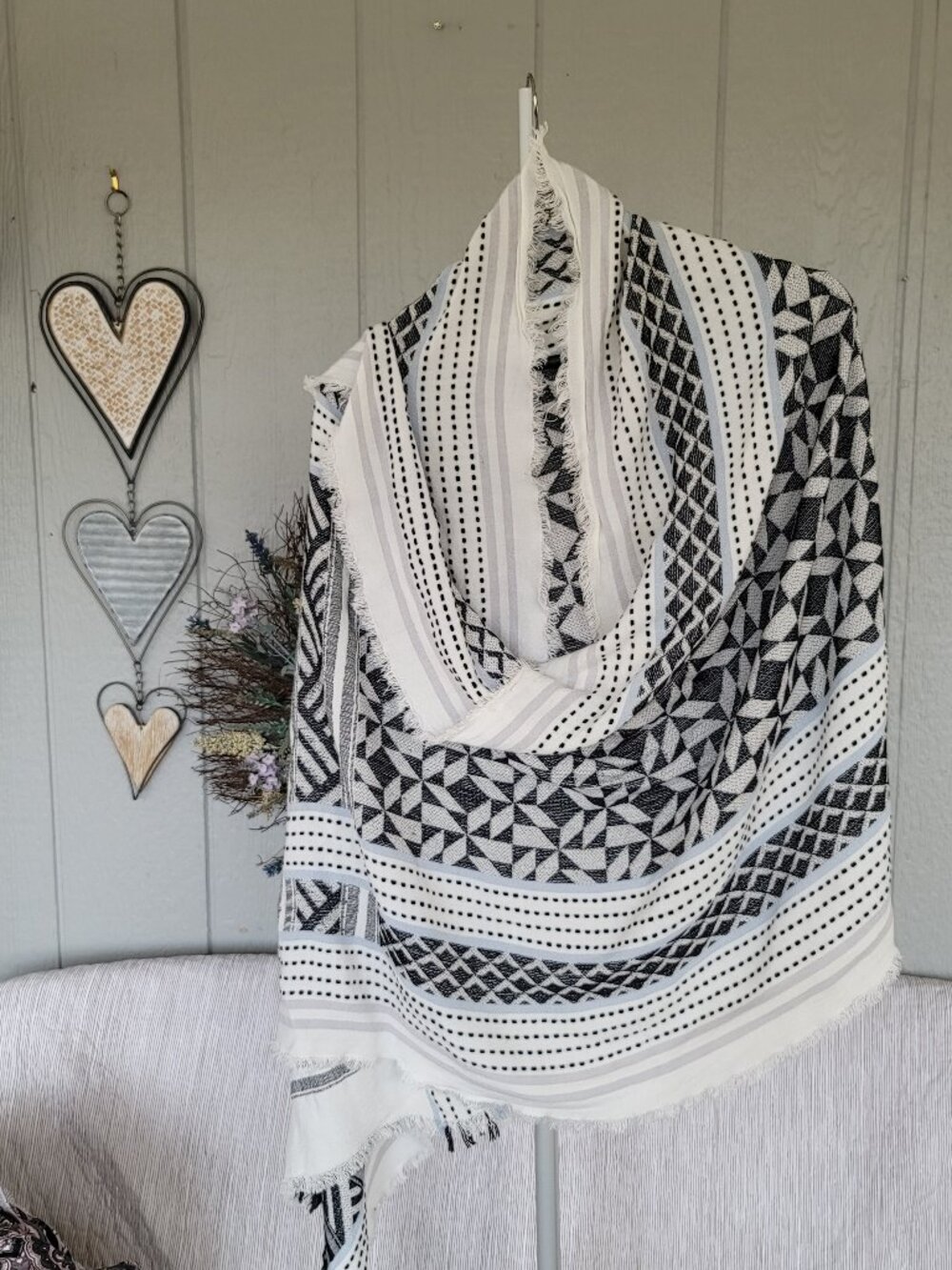 Boho Geometric Mixed Pattern Blanket Scarf Oversized Lt Blue White Pashmina